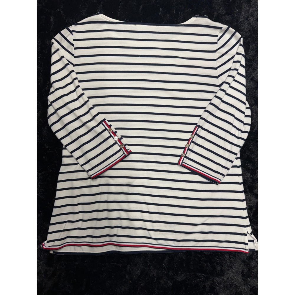 Tommy Hilfiger Womens Large Striped Boat Neck Top 3/4 Sleeve Gold Buttons Navy - Picture 2 of 5